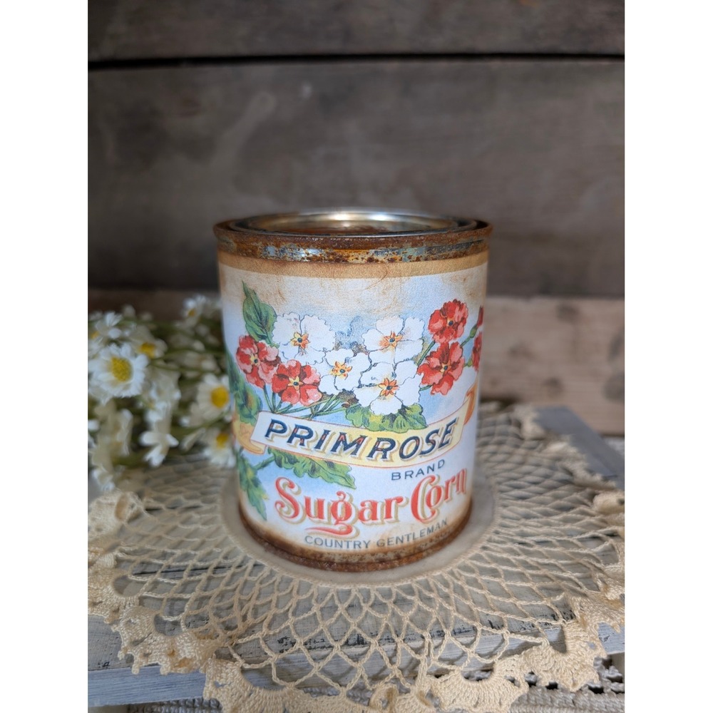 Primrose SUGAR CORN Vintage Inspired Rusted Can - Pint - Farmhouse Decor